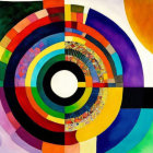 Vibrant abstract painting with concentric circles and bold lines