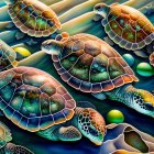 Vibrant sea turtles and underwater scenery with coral and plants