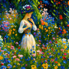 Young Woman Writing in a Colorful Garden Setting