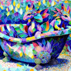 Colorful Illustration: Grey and White Cat in Vintage Claw-Foot Bathtub with Multicolored