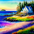 Colorful Landscape Painting with Whimsical Houses, Trees, and Sea