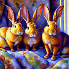 Colorful anthropomorphic rabbit trio in whimsical painting style