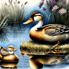 Vibrant artwork of stylized duck family in floral setting
