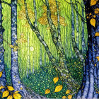 Colorful forest scene with blue tree trunks and yellow foliage