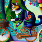 Colorful Whimsical Cat on Bicycle Painting with Abstract Background