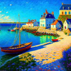 Vibrant coastal village painting with boats, geometric patterns, and lighthouse