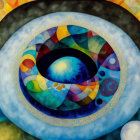 Vibrant abstract eye illustration with concentric circles in kaleidoscope.