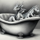 Three whimsical dragons in antique bathtub on textured backdrop