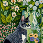 Stylized black and white cat surrounded by vibrant floral patterns.