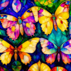 Colorful Stained-Glass Style Image of Butterflies on Purple and Blue Mosaic Background