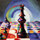 Vibrant painting of chess pieces on checkered board with fantastical castle backdrop