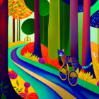 Colorful whimsical painting with cat on bicycle, vibrant trees, blue river, mushrooms.