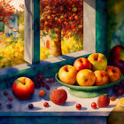 Colorful Still Life Painting with Fruits and Garden Scene