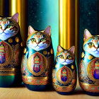 Colorful Cat-Faced Matryoshka Dolls on Starry Background