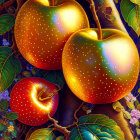 Surreal illustration: red apples with eyes on branch, green leaves, dark background