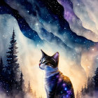 Cosmic patterned cat in winter landscape with starry sky