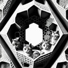 Surreal black and white artwork: Kittens in hexagonal honeycomb structures