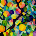Vibrant tree painting with colorful leaves on textured background