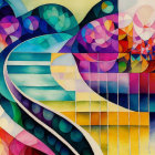 Vibrant Abstract Painting: Colorful Geometric Shapes & Wavy Lines