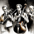 Colorful surrealist artwork featuring three musicians in modern and classical styles