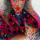Vibrant abstract portrait of a woman with dotted patterns in blue, red, and purple