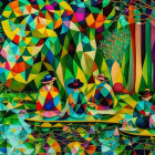 Colorful painting of people by riverbank with lush foliage and water lily pads