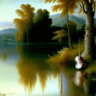 Tranquil landscape: cello by lake, lush trees reflecting on water