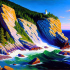 Cliff-side lighthouse painting with ocean view