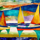 Colorful sailboats on vibrant ocean with whimsical sky