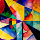 Colorful Abstract Geometric Painting with Triangular and Curved Shapes