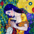 Vivid swirling colors in stylized painting of woman with wine glass