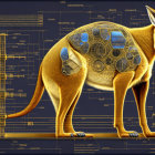 Cybernetic Kangaroo Illustration on Blueprint Background