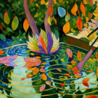 Vibrant painting of three frogs on lily pads in pink water lily pond