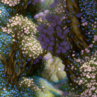 Floral and vine motif on blue stained-glass background