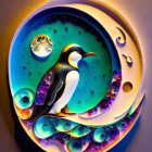 Colorful stylized penguin artwork with moon in rich blues, purples, and greens.