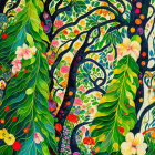 Vibrant tree painting with colorful curved trunks and green leaves