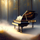 Grand piano in sunlit forest with misty reflection.