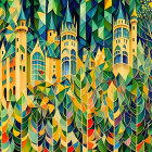 Whimsical forest illustration with vibrant trees and fairytale castle