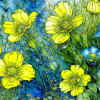 Detailed Watercolor Painting of Yellow and Blue Flowers on Mottled Blue Background