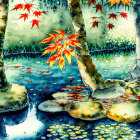 Tranquil watercolor painting of serene pond with lily pads and autumn trees