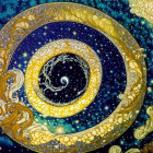 Surreal celestial artwork: Spiral galaxy, star-filled sky, moon phases, golden hair merging with