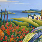 Vibrant quilt-style landscape with patterned hills, trees, and blue sea