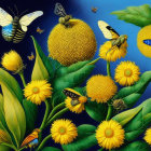 Colorful illustration: yellow flowers, bees, butterflies, beetles on blue.