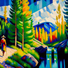 Vivid Cubist-style painting of person in nature