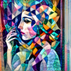 Vibrant mosaic portrait of woman with geometric patterns and butterfly.