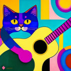 Vibrant Artwork: Stylized Blue Cat with Guitar in Colorful Patterns