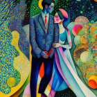 Colorful painting of embracing couple in vibrant, stylized setting