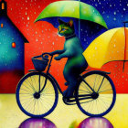 Whimsical cat painting with bicycle, umbrella, rain, and colorful scenery