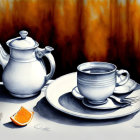 Colorful teapot and cup artwork on abstract background.