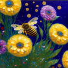 Colorful painting of bee and yellow flowers on blue background
